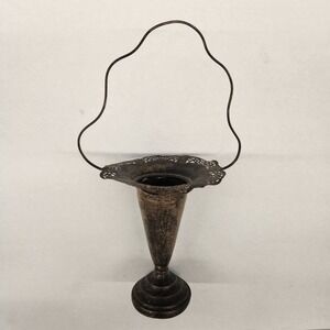 Vintage Bridal Silver Metal Flower Vase‎ with Handle Pedestal Bud Decor Display